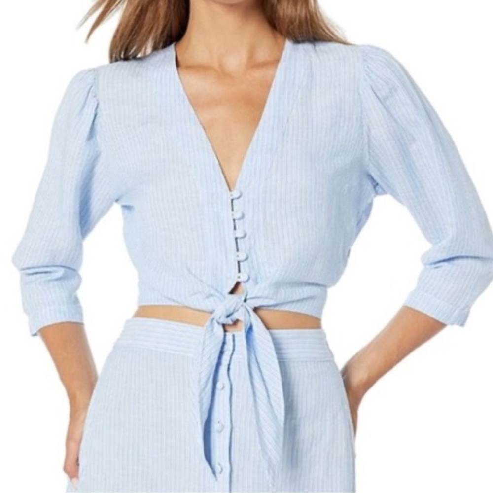 DL1961 | ‘Irving Place’ Blue Striped Tie  Front 3/4 Sleeve Crop Top